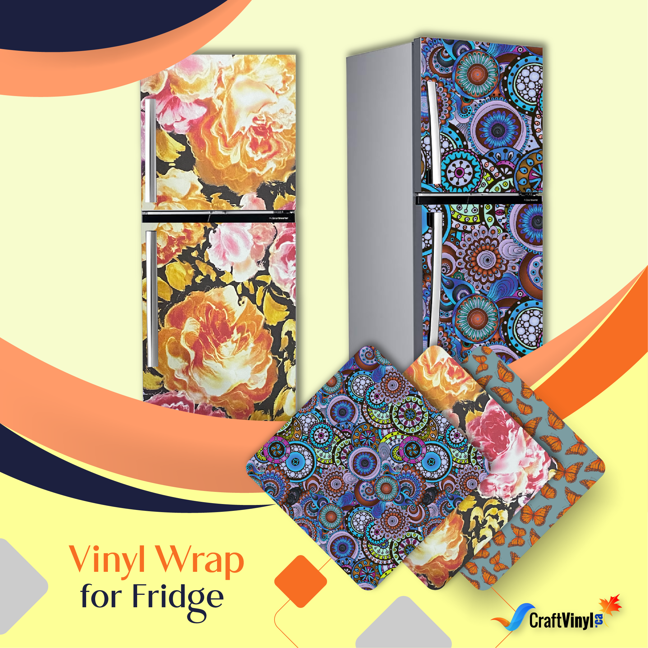 Refrigerator Wrap Vintage Floral, Retro Fridge Wrap Vinyl Side by Side,  Black Decorative Fridge Decals Self Adhesive, Flower Kitchen Decor 